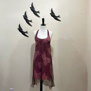 NEW! HAVEN Pink & Brown Leopard Print T Back Asymmetrical Hem Silk Dress  - XS